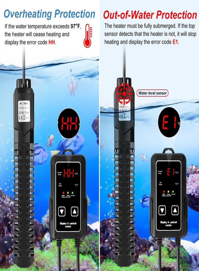 سخان حوض السمك: سخان حوض سمك بقوة 300 واط، تحكم خارجي في درجة الحرارة، نظام ذكي لإيقاف تشغيل الماء تلقائيًا، سخان غاطس لأحواض السمك من 20 إلى 75 جالونًا، مناسب للمياه العذبة والمالحة - Image 5